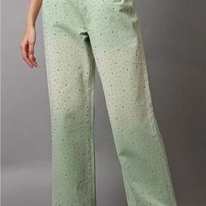 POL Light Green Eyelet Wide-Leg Jeans